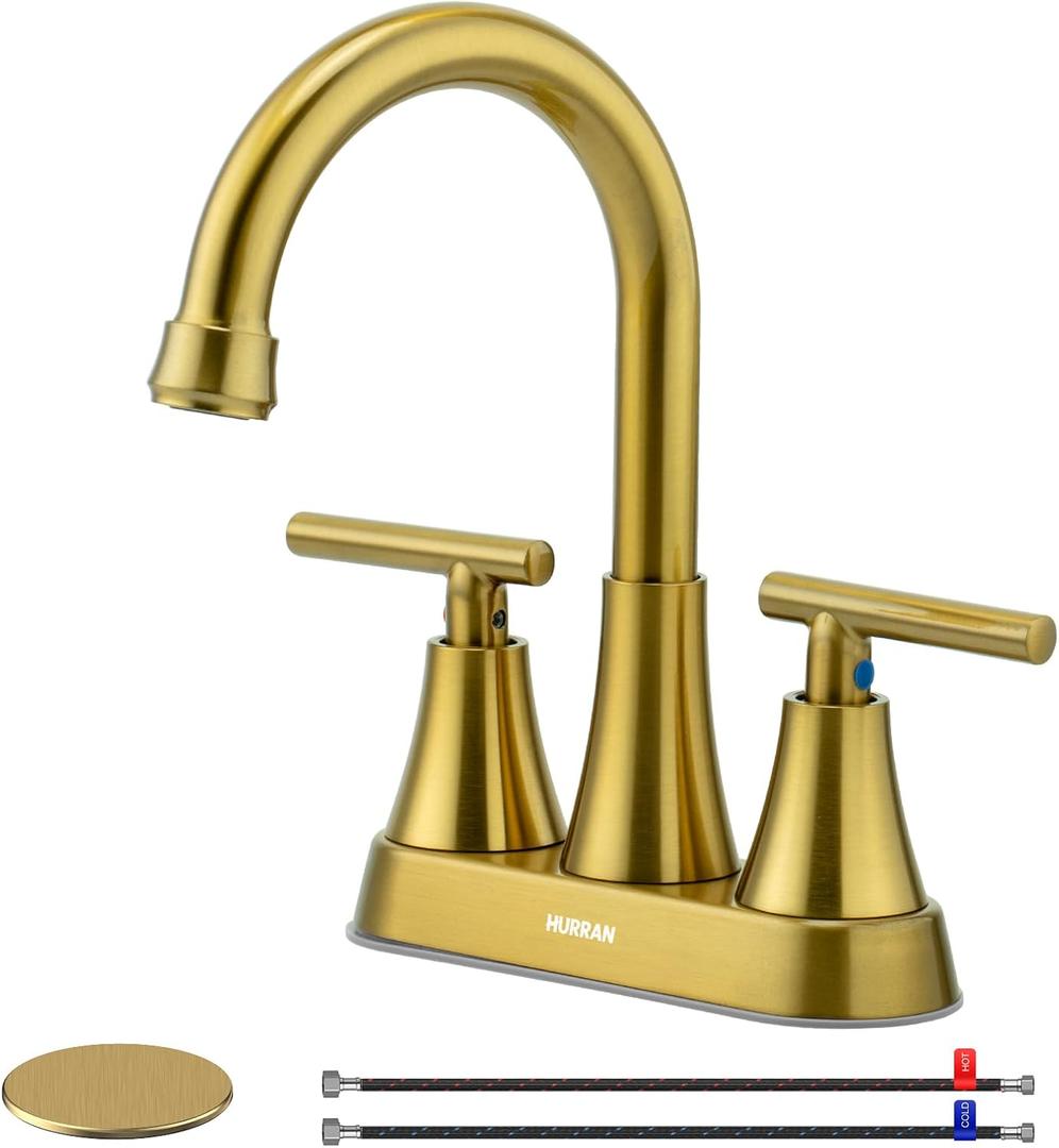 4 inch Brushed Gold Bathroom Sink Faucet with Pop-up Drain and 2 Supply Hoses, Stainless Steel Lead-Free 2-Handle Centerset Faucet for Bathroom Sink Vanity RV