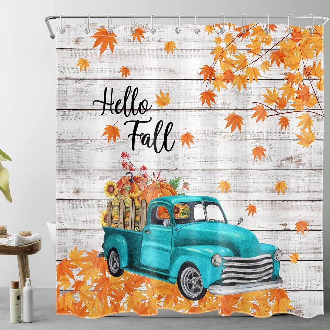 LB Hello Fall Shower Curtain Vintage Blue Truck Pumpkin Sunflower Autumn Maple Leaves Rustic Wood Plank Thanksgiving Harvest Shower Curtains for Bathroom Set Decor with Hooks 72x72 inch Fabric (Multi Color)
