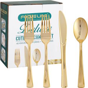 FOCUSLINE 160 Pack Gold Plastic Silverware Set, including 80 Gold Forks, 40 Knives, 40 Spoons, Disposable Flatware Heavy Duty Plastic Cutlery Set for Weddings, Catering, Parties, Dinners