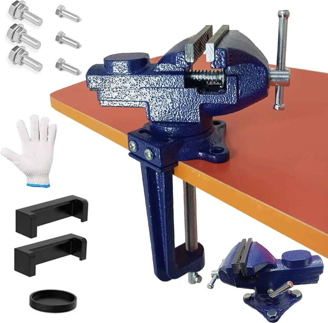 2-in-1 Dual-Purpose Combined Bench Vise or Table Vise, With end-point locking device, Portable Universal Rotate 360 Work Clamp-On Vise, 2.5" Blue