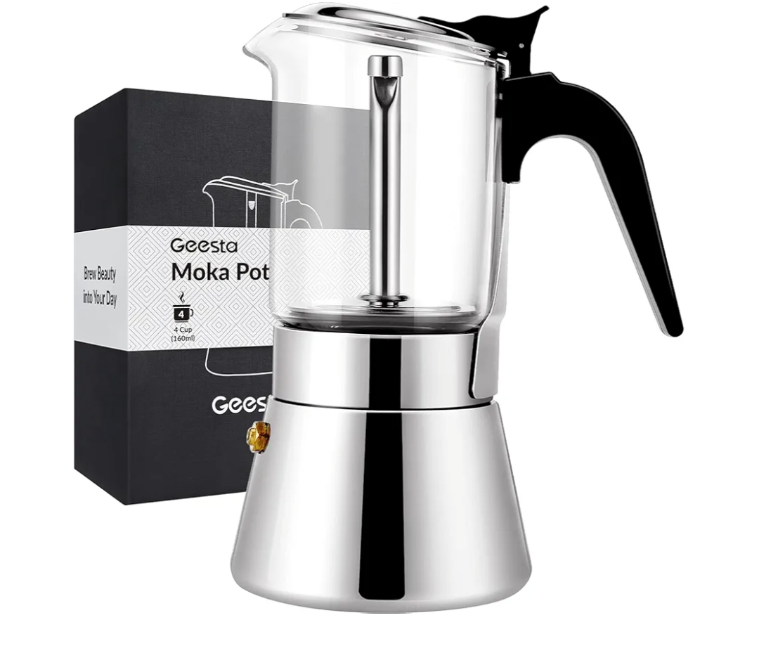 Geesta Premium Crystal Glass-Top Stovetop Espresso Moka Pot - 4/6/ 9 Cups - Stainless Steel Coffee Maker- 160ml/5.6oz/4 cup (espresso cup=40ml)