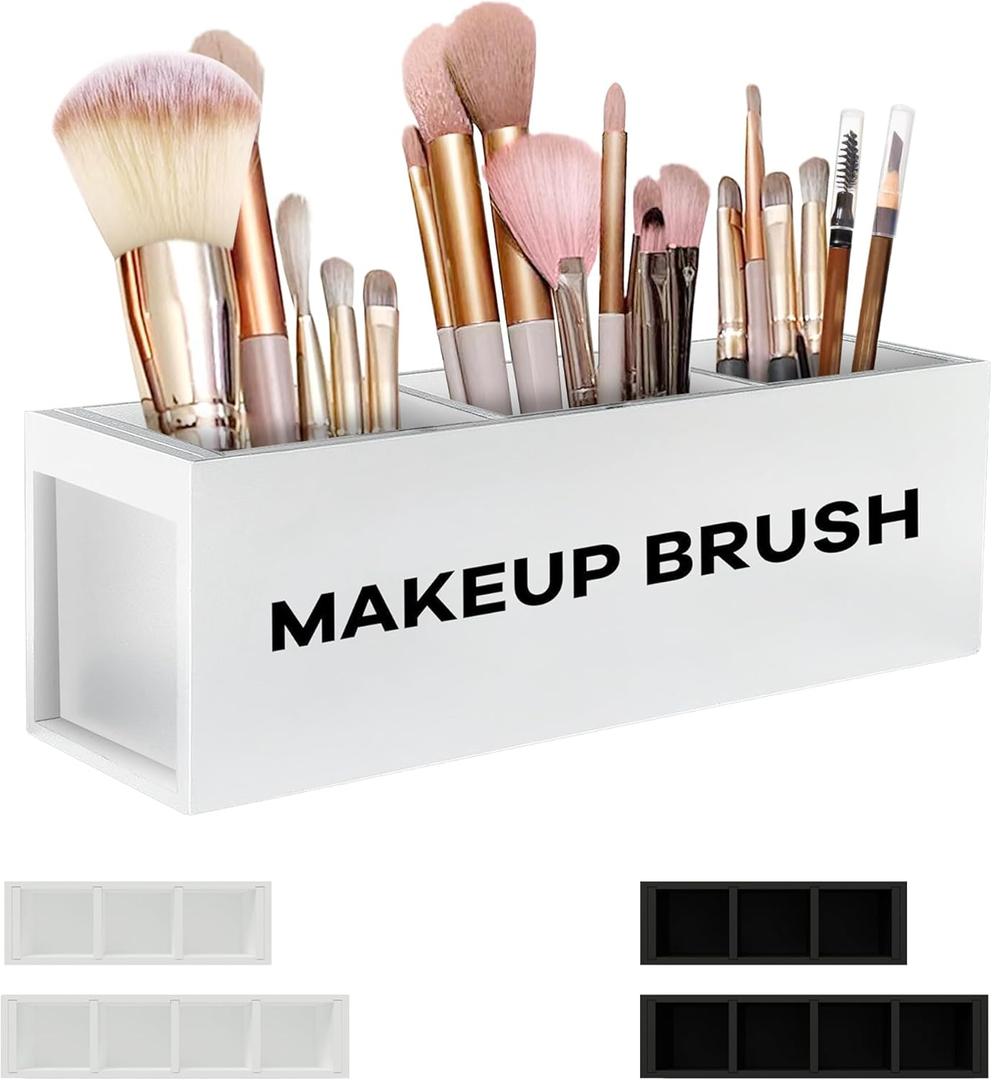 Suli Large Makeup Brush Holder Organizer, Wooden Cosmetic Brushes Storage with 3 Slots, Eyeliners Display Case for Vanity Desktop Bathroom Countertop -White