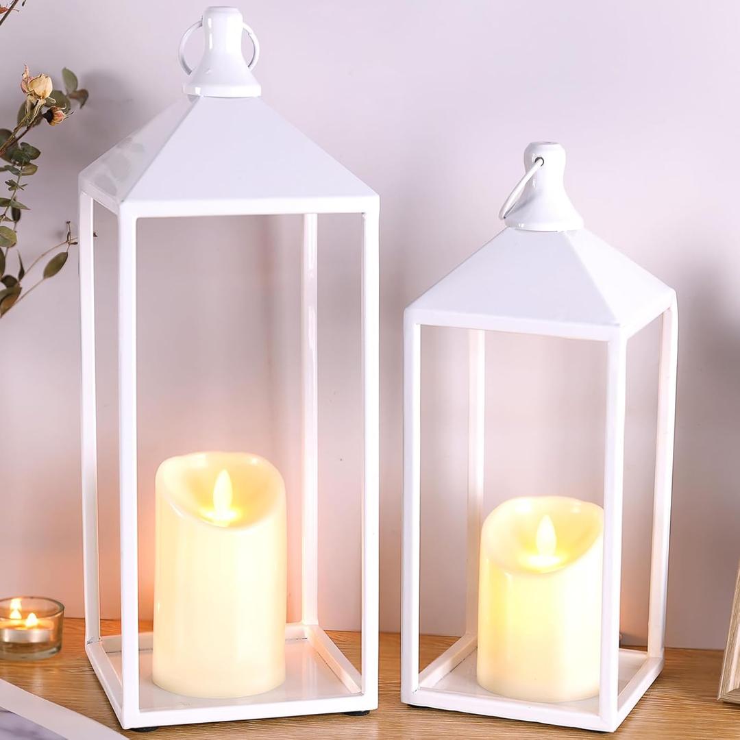 MATAHUM Modern Farmhouse Lantern Decor, 17" 13" Set of 2 Wedding Lantern Centerpiece with Pillar Candle, White Candle Lanterns Decorative for Wedding, Mantle, Porch, Indoor, Outdoor, Valentine Decor