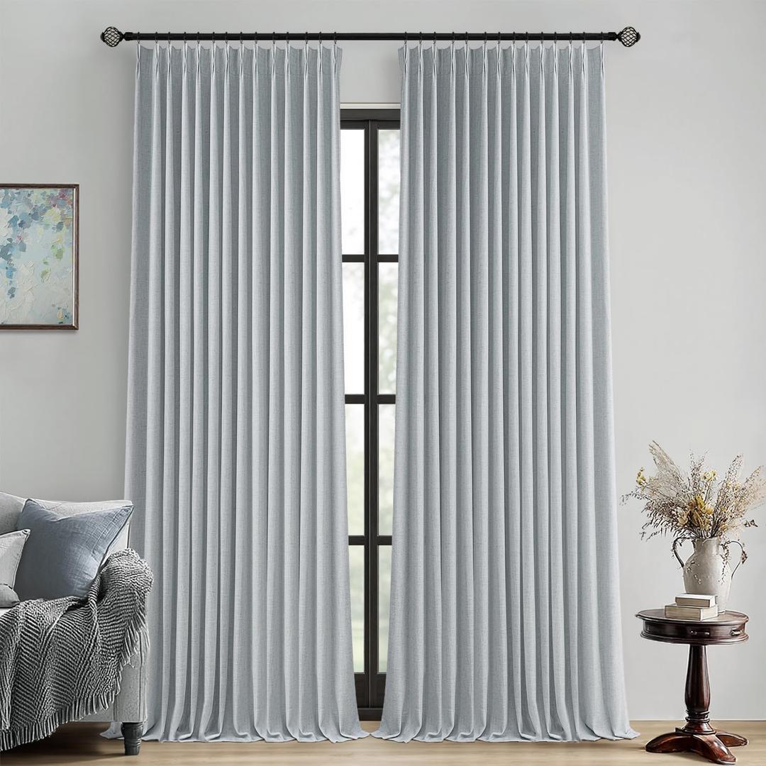 MIULEE Grayish Blue Pinch Pleated 100% Blackout Linen Curtains for Bedroom, Room Darkening Light Blocking Window Curtain 84 inches Long for Living Room, Black Out Pleat Drapes with Pin Hooks, Set of 2 Panels