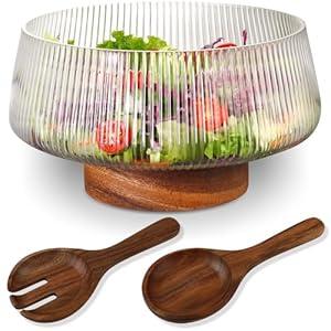 FERAHI Extra Large Salad Bowl Set with Wood Base, Ribbed Glass Salad Bowl with Serving Utensils, Clear Glass Serving Bowls for Pasta, Fruit, Desserts, Wine, Parties, Dinne, Dishwasher Safe