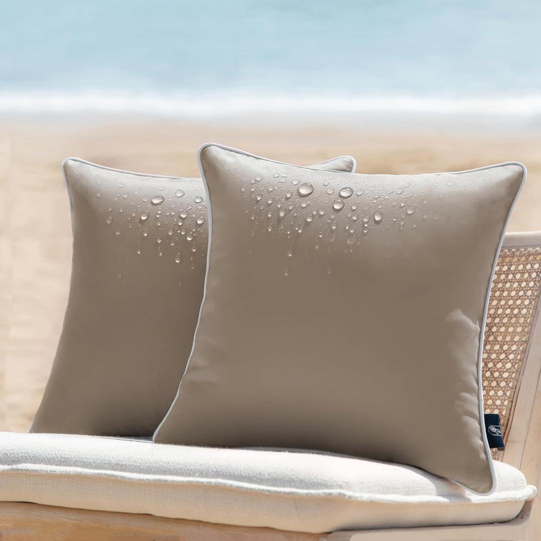 Phantoscope Pack of 2 Outdoor Waterproof Solid Throw Decorative Pillow Cover Decorative Square Outdoor Pillows Cushion Case Patio Pillows for Couch Tent Sunbrella, Light Coffee 20x20 inches 50x50 cm