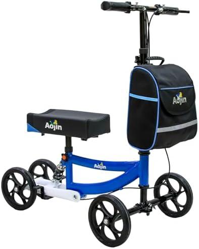 Aojin Knee Scooter, 300lbs Capacity, 13" Big PU Seat, All Terrain Foldable Knee Scooter Walker with Bag for Foot Injuries Compact Crutches Alternative (Blue)