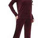 COZZIPLUS Women Velour Lounge Set 2 Piece Velvet Pajama Set Sweatsuit Crew Neck Sweatshirt and Elastic Waist Sweatpant(Burgundy, L)