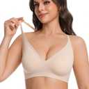 Lusait Womens Jelly Bra Seamless Wireless Lace Racerback Bralette Buttery Soft Comfort Deep V Plunge T-Shirt Bra (Beige, L)