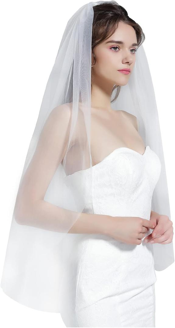 BEAUTELICATE Wedding Bridal Veil with Comb 1 Tier Cut Edge Fingertip&Cathedral Length, Light Ivory, Elbow Length 28"