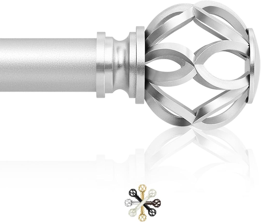 TVWOO Silver Decorative Farmhouse Curtain Rods:18-45 Inch Adjustable Heavy Duty Single Window Curtain Rod for Bedroom Living Room,Nickel Boho Rustic Drapery Rods with Vintage Twist Finial Easy Install