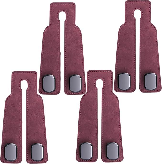 Car Hooks, Twinhook Leather Car Headrest Hangers, Universal Double Hook for Car Seat Back, Metal & Leather Bag Holder for Purses, Handbags, Bottles etc, Red, 4PCS