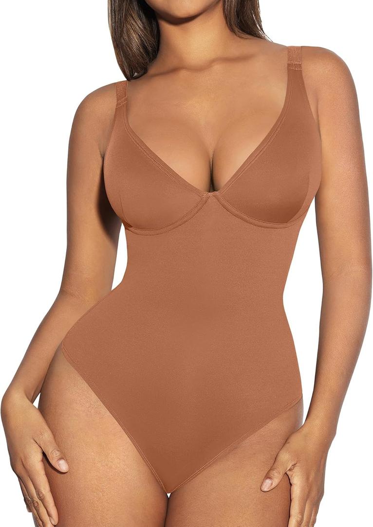 FeelinGirl Shapewear Bodysuits for Women Tummy Control Body Suits Deep V Neck Thong Body Shaper (X-Large, Latte)