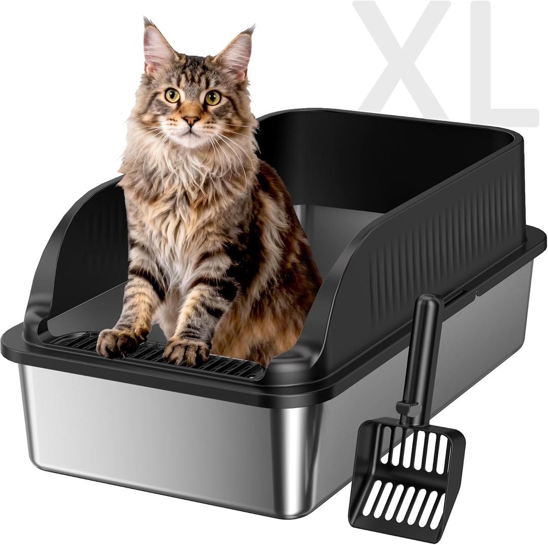 Stainless Steel Litter Box with High Sides, Include Scoop, Black