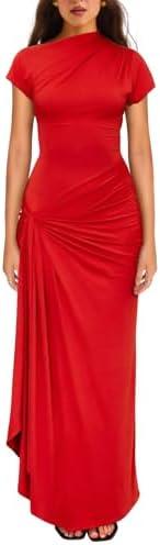 YMDUCH Women's Casual Short Sleeve Boat Neck Ruched High Split Bodycon Long Party Dress, XXL