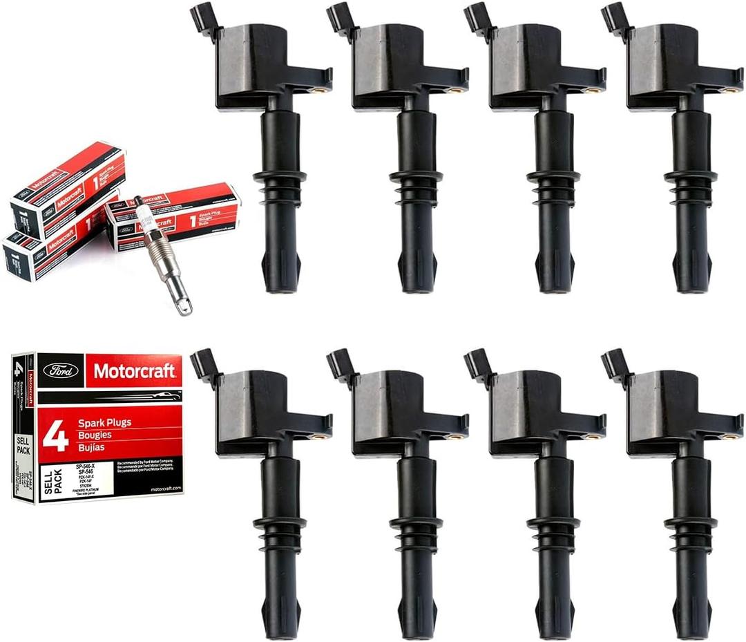 MAS Set of 8 Ignition Coils Pack Straight Boot & Motorcraft Spark plug SP546 SP515 Compatible with Ford F150 F250 F350 Super Duty Expedition Lincoln Navigator V8 5.4l Replacement for DG511 FD508 (DQ50101Dx8_SP515x8)