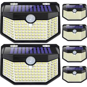 HMCITY 120 LED Outdoor Solar Lights with Motion Sensor and 3 Lighting Modes, IP65 Waterproof Wide Solar Wall Lights Ideal for Garden Patio Yard (Front Button 6Packs, Daylight White, 6500K)