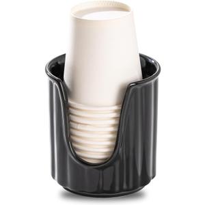 TANEW Ceramic Bathroom Cup Dispenser with Stylish Vertical Stripes - Dixie Cup Dispenser & Mouthwash Cup Holder Holds 3oz Paper Cups for Rinsing Cups on Bathroom Vanity Countertops Glossy Black