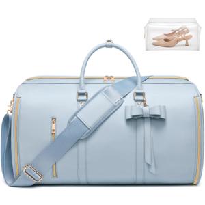 Travel Duffel Bag, Convertible Travel Garment Bag for Women, Fashion & Cute Carry On Duffle Bag w/Shoes Pouch, 2 in 1 Foldable PU Leather Hanging Duffle Bag, Single-Zipper Design, Blue