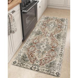 DEXI Kitchen Floor Mats Anti Fatigue, Cushioned Waterproof Runner Rug Boho Floral, 23x59 Extra Wide Standing Padded Non Slip for Farmhouse, Cream and Red