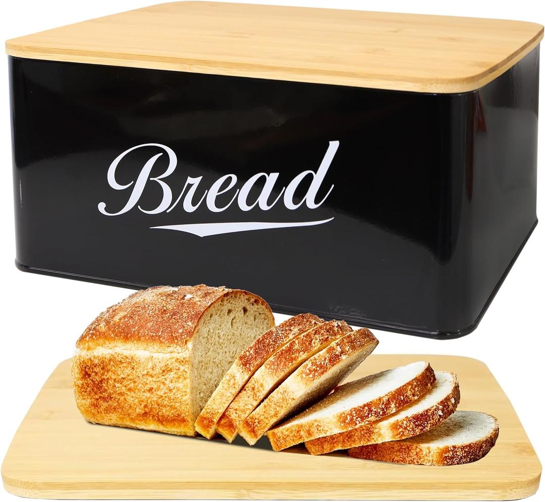 RoyalHouse Modern Metal Bread Box with Bamboo Cutting Board Lid, Bread Storage Container for Kitchen Counter, Vintage Kitchen Decor Organizer  Black
