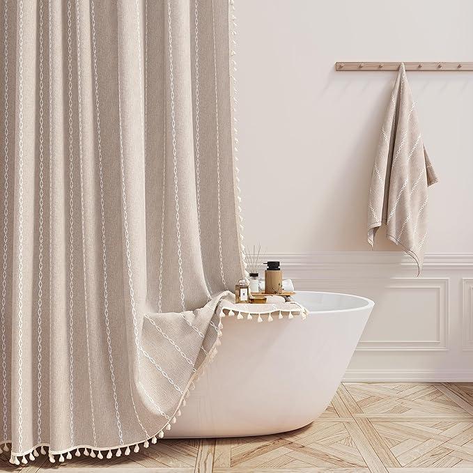 BTTN Boho Long Shower Curtain, 72x78 Inch Long Linen Ultra Thick Fabric Shower Curtain Set with Plastic Hooks, Tall Modern Farmhouse Country Neutral Textured Cloth Shower Curtains for Bathroom