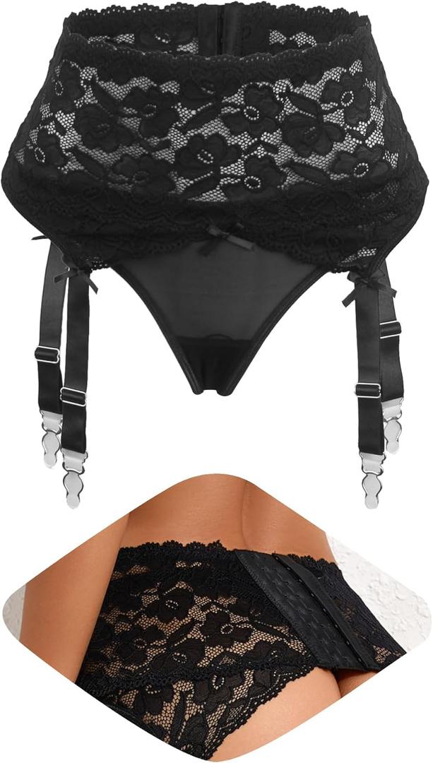 Lace Garter Belt for Women High Waisted Suspender Belt with 4 Vintage Strap Garter Belts for Thigh High Stockings (Black, 8-10)