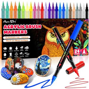 Acrylic Paint Markers, 24 Colors Automatic Ink Control Acrylic Pens, Soft Brush Tip Paint Pens, Waterproof Paint Markers for Rock Painting, Stone, Wood, Glass, Ceramic, DIY Art Supplies