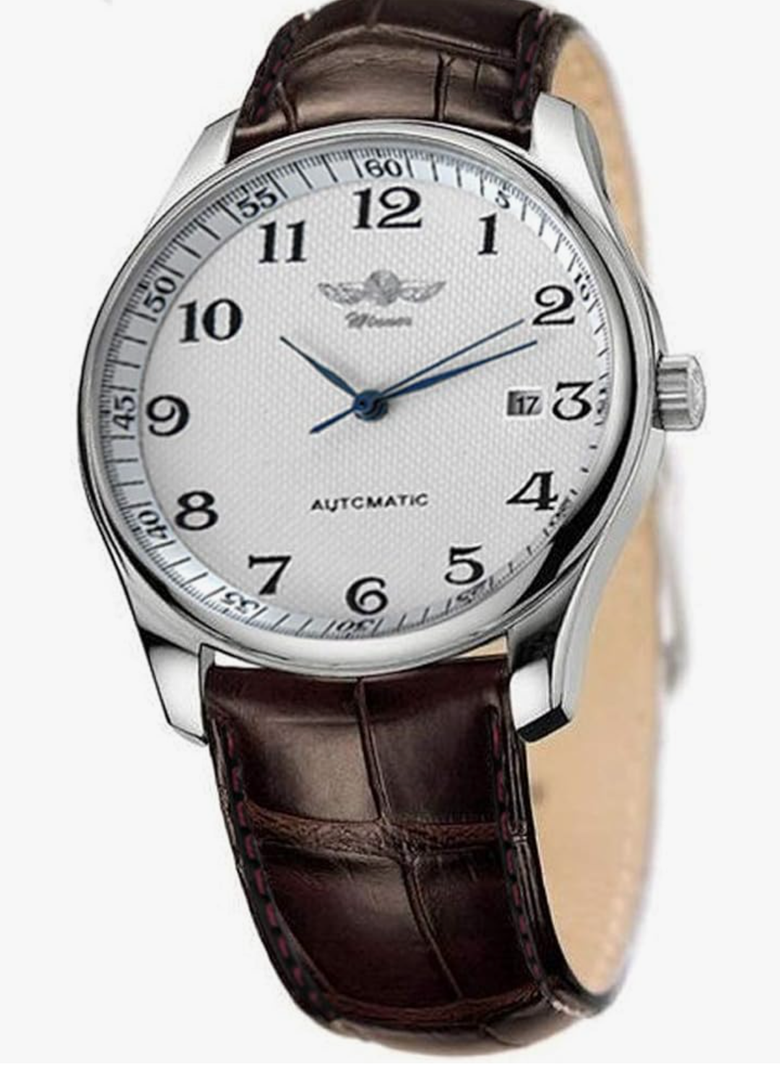 VIGOROSO Men's Automatic Mechanical Watch Day Calendar Leather Band Arabic Numerals Wristwatch for Men (Silver)