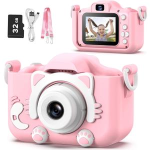 Goopow Kids Camera Toys for 3-8 Year Old Girls Boys,Children Digital Video Camcorder Camera with Cartoon Soft Cover, Best Chritmas Birthday Festival Gift for Kids - 32G SD Card Included (Pink-Cat)