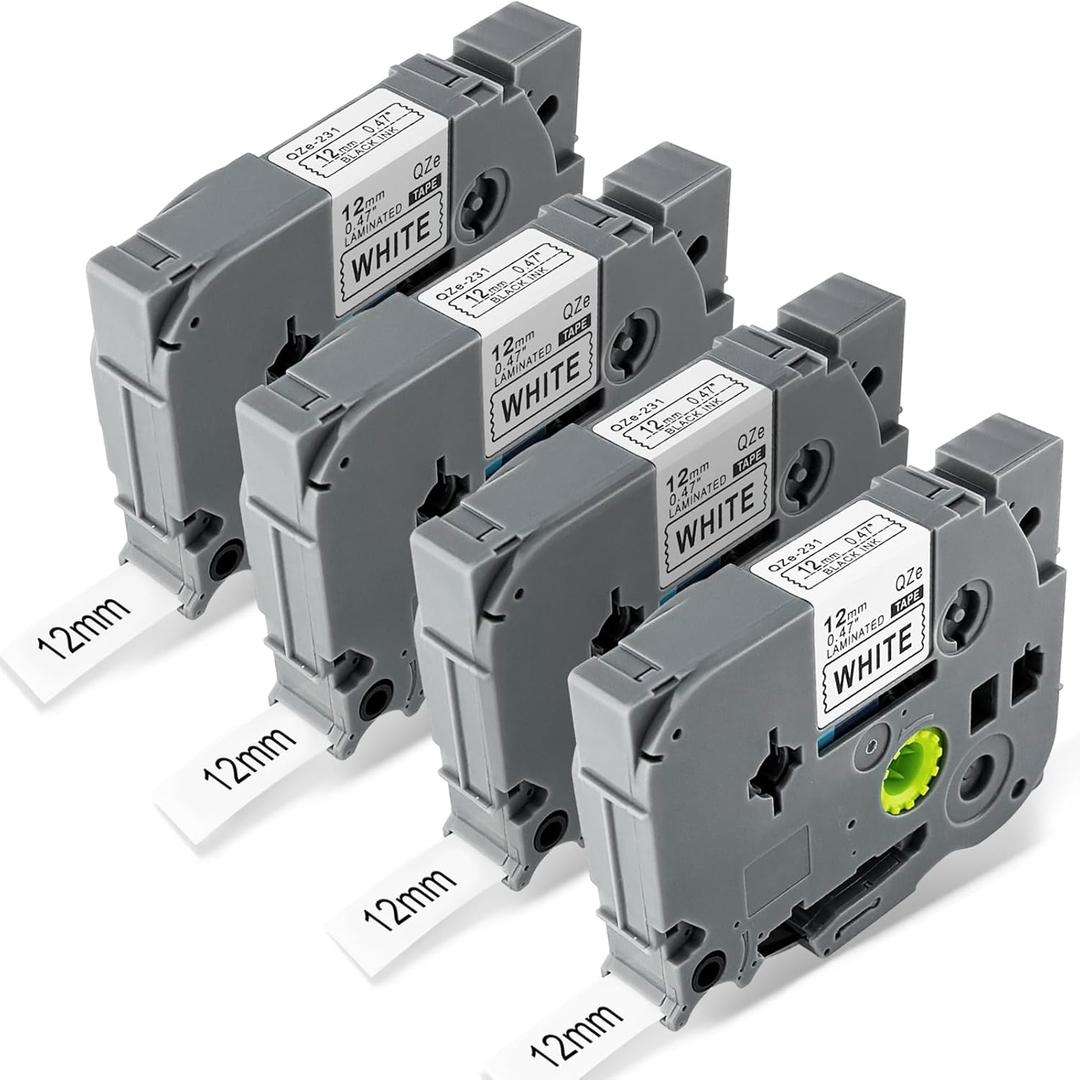 TZE-231 Compatible Label Tape Replacement for Brother TZe-231 TZ-231 Laminated P Touch Label Maker Tape, Black on White,for Ptouch PTD210 PTD220 PTH110 PTH111 PTD400,0.47" x 26.2'(12mm x 8m),4 Packs