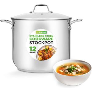 NutriChef 12-Quart Stainless Steel Stockpot  18/8 Food Grade Heavy-Duty Induction-Compatible Pot with See-Through Lid, Ideal for Stews, Broths, Simmering & Soups, Dishwasher Safe  NCSP12