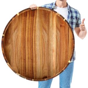Blushtier 28in Extra Large Round Ottoman Tray with Handles Solid Circle Acacia Wood Decorative Serving Tray Oversized for Living Room, Coffee Table, Breakfast in Bed Tea Fruit