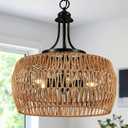 Large Farmhouse Boho Chandelier for Dining Room, 5-Light Rattan Chandelier with Woven Lampshade, Adjustable Height Coastal Hanging Pendant Lighting for Kitchen Bedroom Island Hallway, 5-Lights 18.1 in