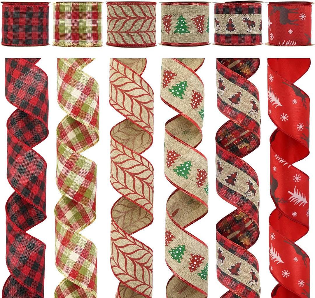 MEEDEE Burlap Wired Ribbon 2.5 Inch 6 Rolls 36 Yards Buffalo Plaid Ribbon for Wreaths, Tree Decorations, Ribbon Garland