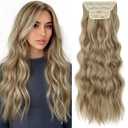 KooKaStyle Clip in Hair Extensions Long Wavy 4PCS Thick Hairpieces Synthetic Ash Blonde Balayage Fiber Double Weft Natural Hair Extensions for Women 24 Inch Daily Use