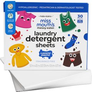Miss Mouth's Messy Eater Laundry Detergent Sheets - 60 Loads Travel Friendly Detergent Sheets - Hypoallergenic, Sensitive Skin Safe, Pediatrician and Dermatologist Tested, Fragrance Free