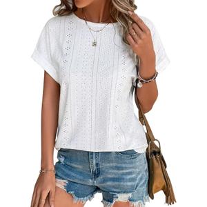 Bliwov Womens Tops Eyelet Embroidery Summer Fall Curved Hem Short Sleeve Trendy T Shirts Outfits Beach Vacation Clothes (Large)