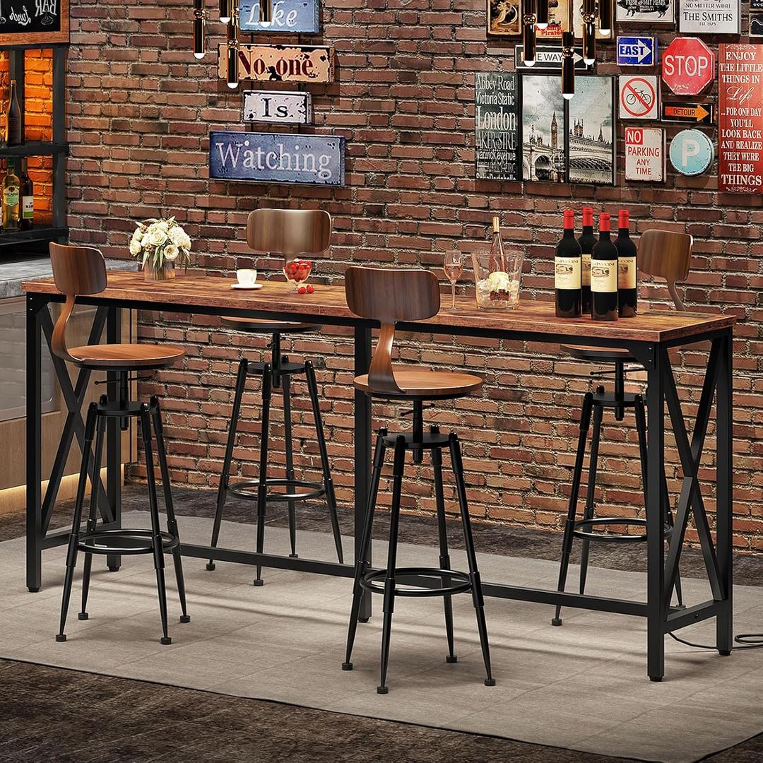 70.9'' Bar Table, Kitchen Dining Table with Power Outlet and Footrest, Industrial Style, for Pub, Living Room, Rustic Brown and Black TBT08UBF, 70.9"L x 15.7"W x 35.4"H