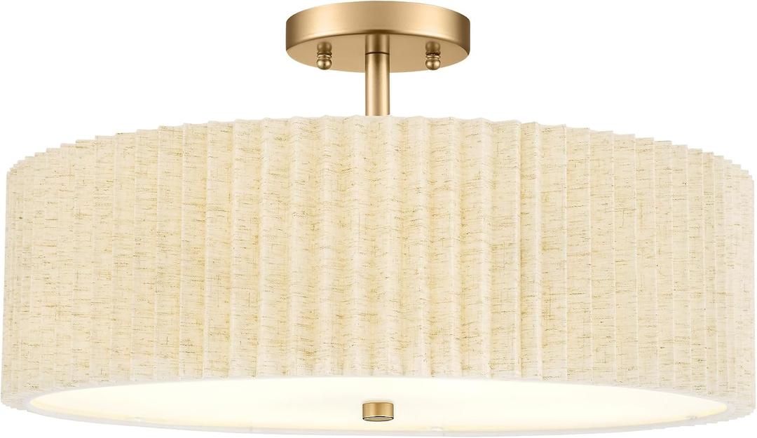 Semi Flush Mount Ceiling Lights, 4-Light 18" Gold Light Fixtures Ceiling Mount with Pleated Linen Fabric Shade, Drum Lighting Fixture for Nursery Hallway Bedroom Kitchen, AD-25036-4SF-GD-B, 18", Single Shade
