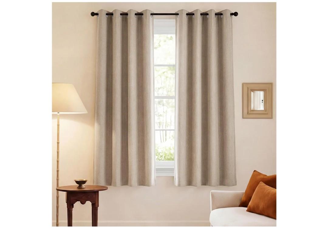 NICETOWN Natural Full Blackout 72" Long Curtains for Kitchen, 52" W Grommet Farmhouse Drapes Insulated Flax Textured Full Light Blocking Window Draperies for Bedroom, 2 Panels Set