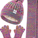 Kids Winter Hat Gloves Scarf Set,Girls Toddler Winter Hat Beanie with Pom Neck Warmer Gaiter Mittens Fleece Lined Set