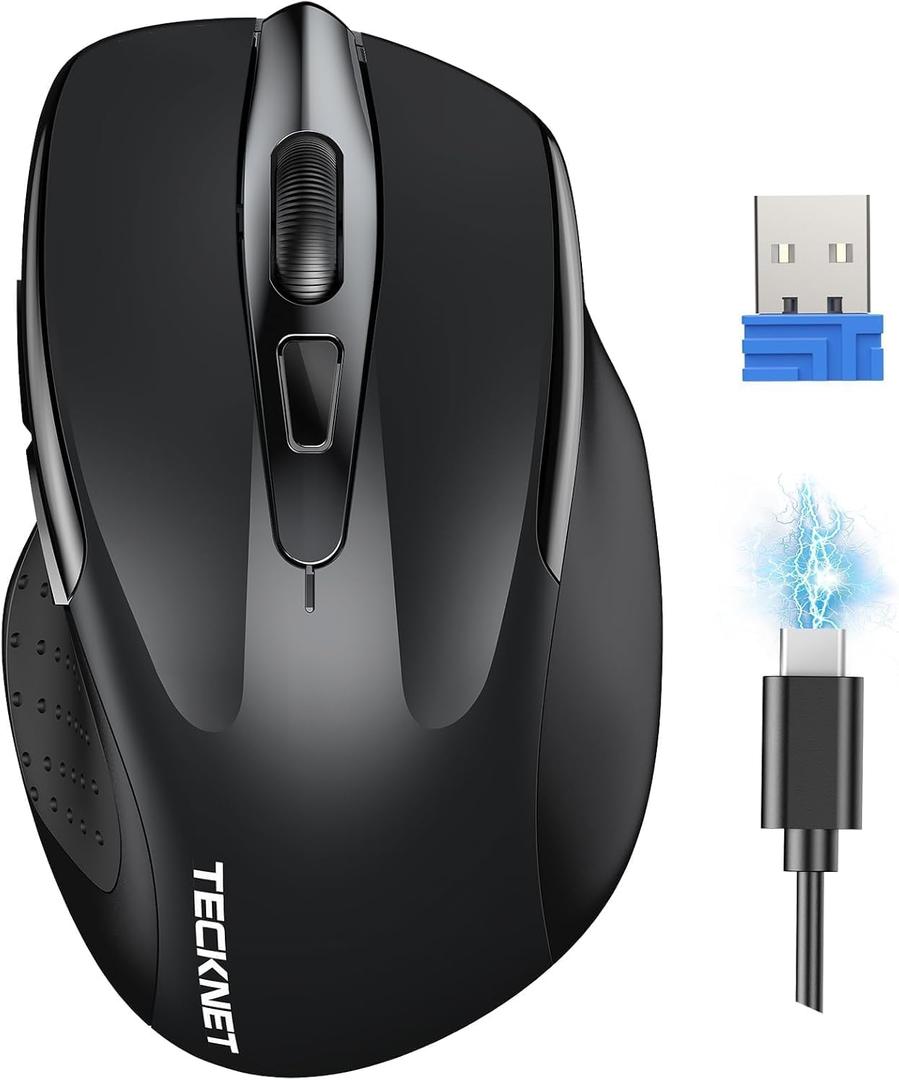 TECKNET Wireless Mouse Rechargeable, 2.4G USB-A Silent Mouse, Quiet Click, 6 Adjustable 4800 DPI, Cordless Computer Mice, Ergonomic Mice for Laptop, 6 Buttons for Chromebook, Ergo Grip - Black