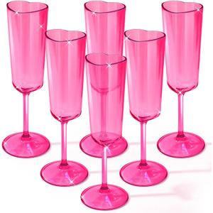 6 Pcs Valentines Day Heart Shaped Champagne Flutes 6 oz Fuchsia Wedding Champagne Flutes Galentines Party Wine Cups Acrylic Glasses for Valentines Wedding Galentine Bachelorette Party Supply