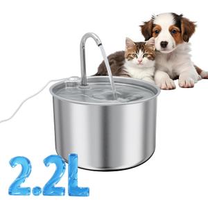 Stainless Steel Cat Water Fountain, 74oz/2.2L Automatic Pet Fountain with Replacement Filters andComes with 2 Replacement Water outlets, Silver (Silver + 3 Filters + 3 Pump Sponges, 74oz)