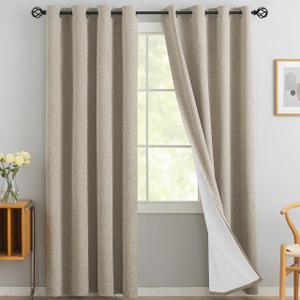 Yakamok Natural Linen Curtains 100% Blackout 84 Inches Long,Room Darkening Textured Curtains for Living Room Thermal Grommet Bedroom Curtains 2 Panels with Greyish White Liner