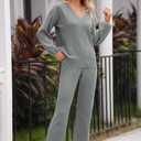 Women's Knit Sweater Pajamas Set V-neck Pullover Tops Wide Leg Pants Sleepwear Loungewear Outfits, Light Grey, Size L
