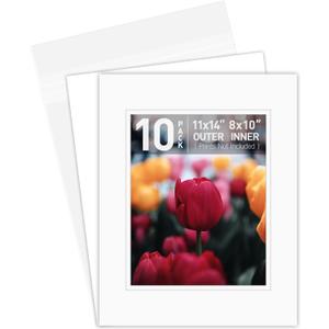 Golden State Art, Double Picture Mats with White Core Bevel Cut for 8X10 Photo Pictures (Mats, Backing, Clear Bags Included), Off-White Over Off-White, 11x14-10 Pack (Double Mat)