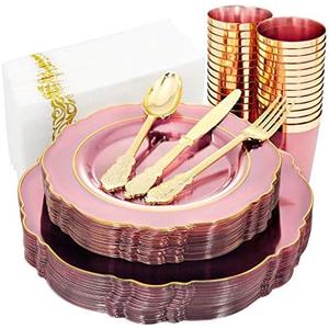 KIRE 210Pcs Clear Pink Plastic Plates with Gold Rim - Disposable Gold Silverware &Pink Cups&Hand Napkin - Plum Colored Plastic Dinnerware for Upscale Wedding & Mother's Day