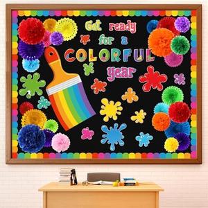 Qilery Get Ready for a Colorful Year Bulletin Board Set Welcome Back to School Classroom Decoration 3D Colorful Paint Bulletin Board with Paper Fans Flowers for Offices Door Chalkboard Wall Supplies